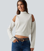 Mock Neck Cold Shoulder Long Sleeve Casual Sweatshirt — Mistline Stripe — view 1