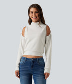 Mock Neck Cold Shoulder Long Sleeve Casual Sweatshirt — Mistline Stripe — view 4