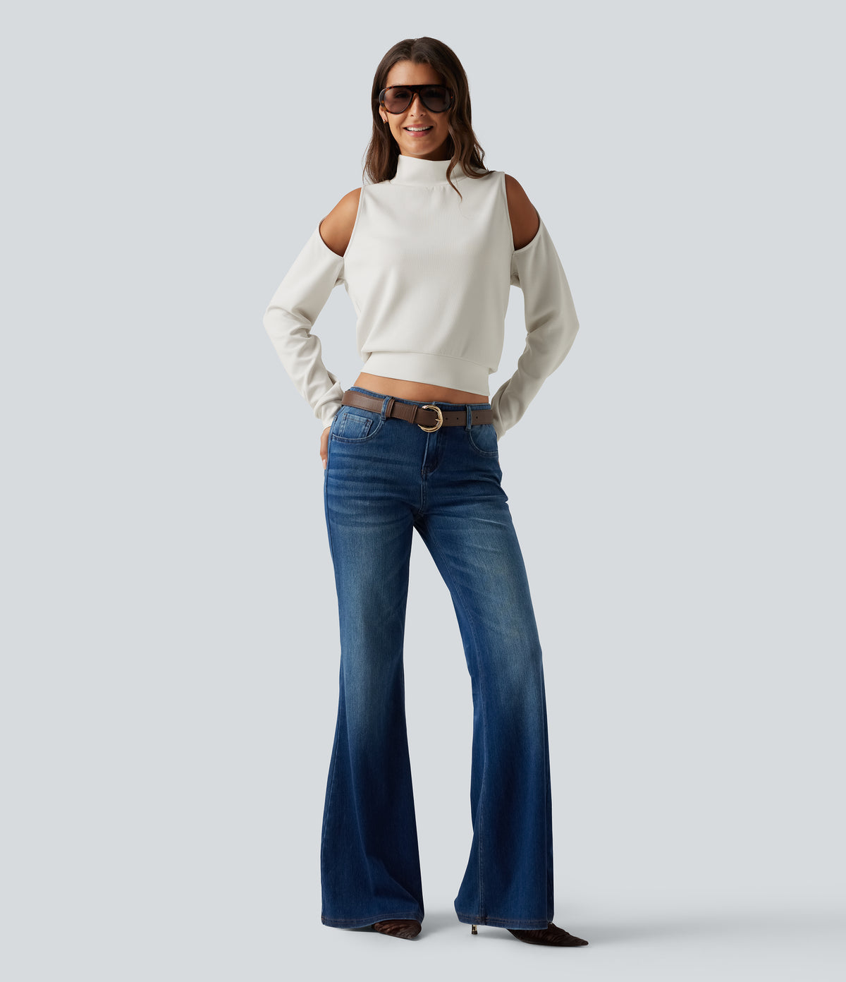 Mock Neck Cold Shoulder Long Sleeve Casual Sweatshirt — Mistline Stripe — view 6