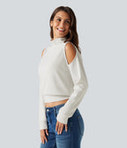 Mock Neck Cold Shoulder Long Sleeve Casual Sweatshirt — Mistline Stripe — view 3