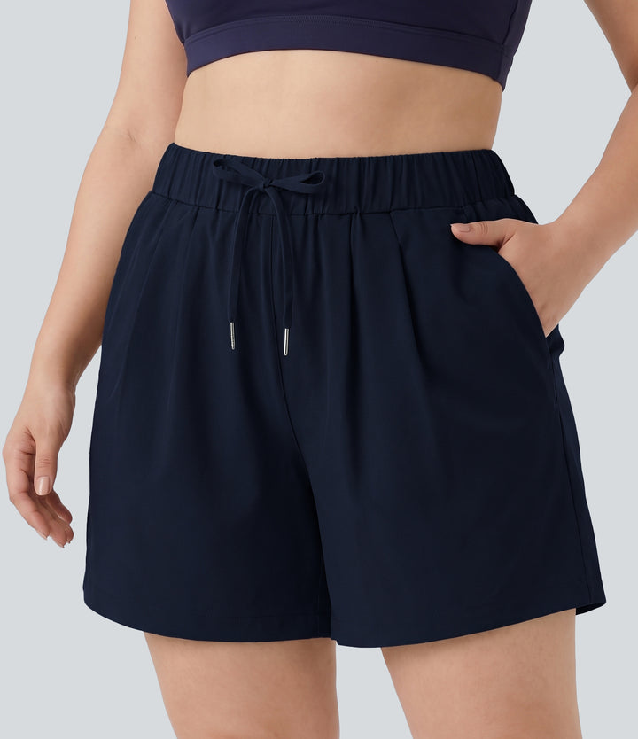 Plus Size High Waisted Elastic Waistband Drawstring Pleated Yoga Shorts 5" with Pockets — Reef Shadow — view 1