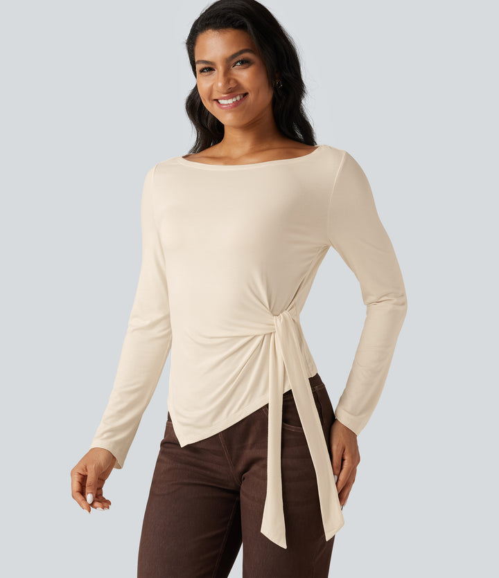 Boat Neck Long Sleeve Tie Side Asymmetric Hem Casual T-Shirt — White Smoke — view 1