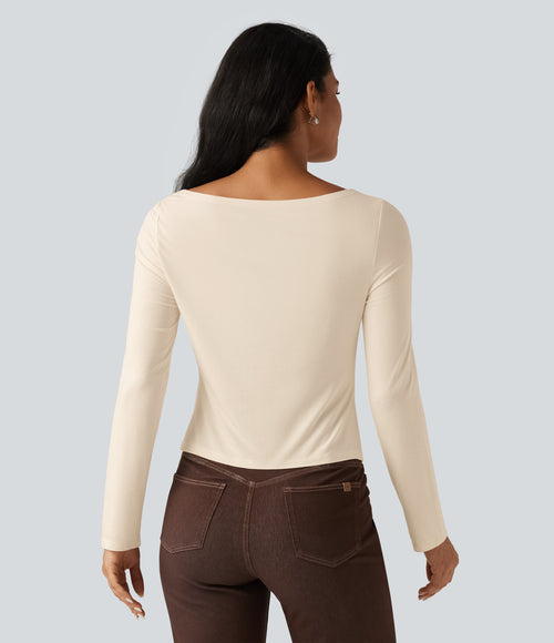 Boat Neck Long Sleeve Tie Side Asymmetric Hem Casual T-Shirt — White Smoke — view 2