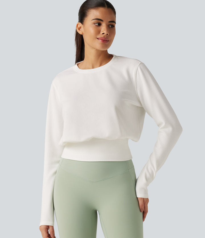 Round Neck Long Sleeve Waffle Yoga Sports Top — White — view 1