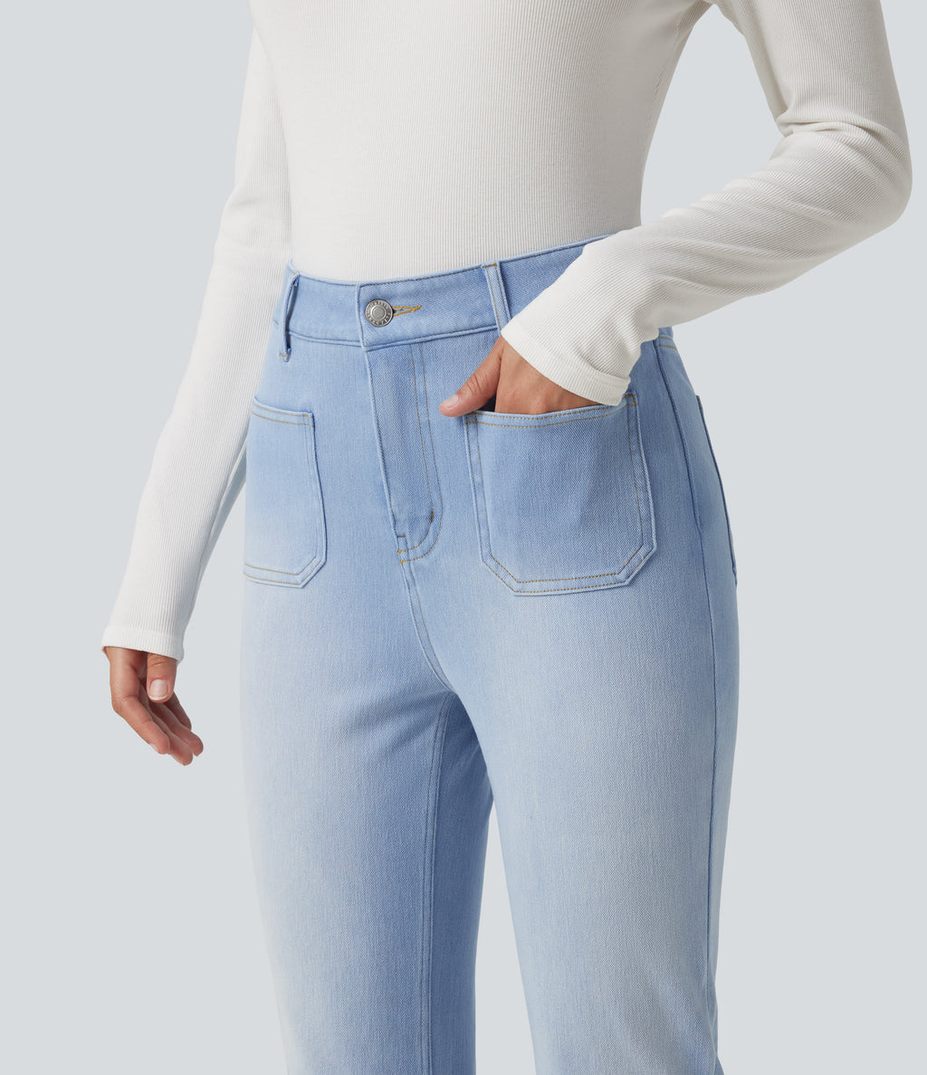 Mid Rise Bootcut Casual Jeans with Pockets — Powder Blue Denim — view 5
