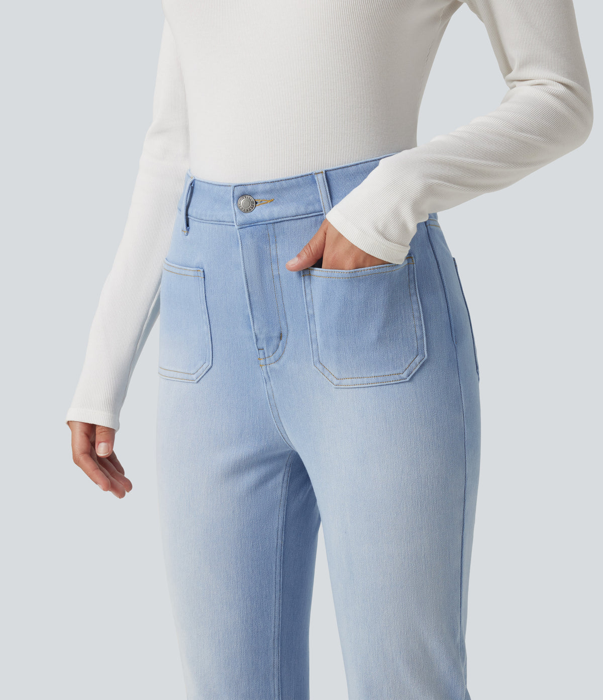 Mid Rise Bootcut Casual Jeans with Pockets — Powder Blue Denim — view 5