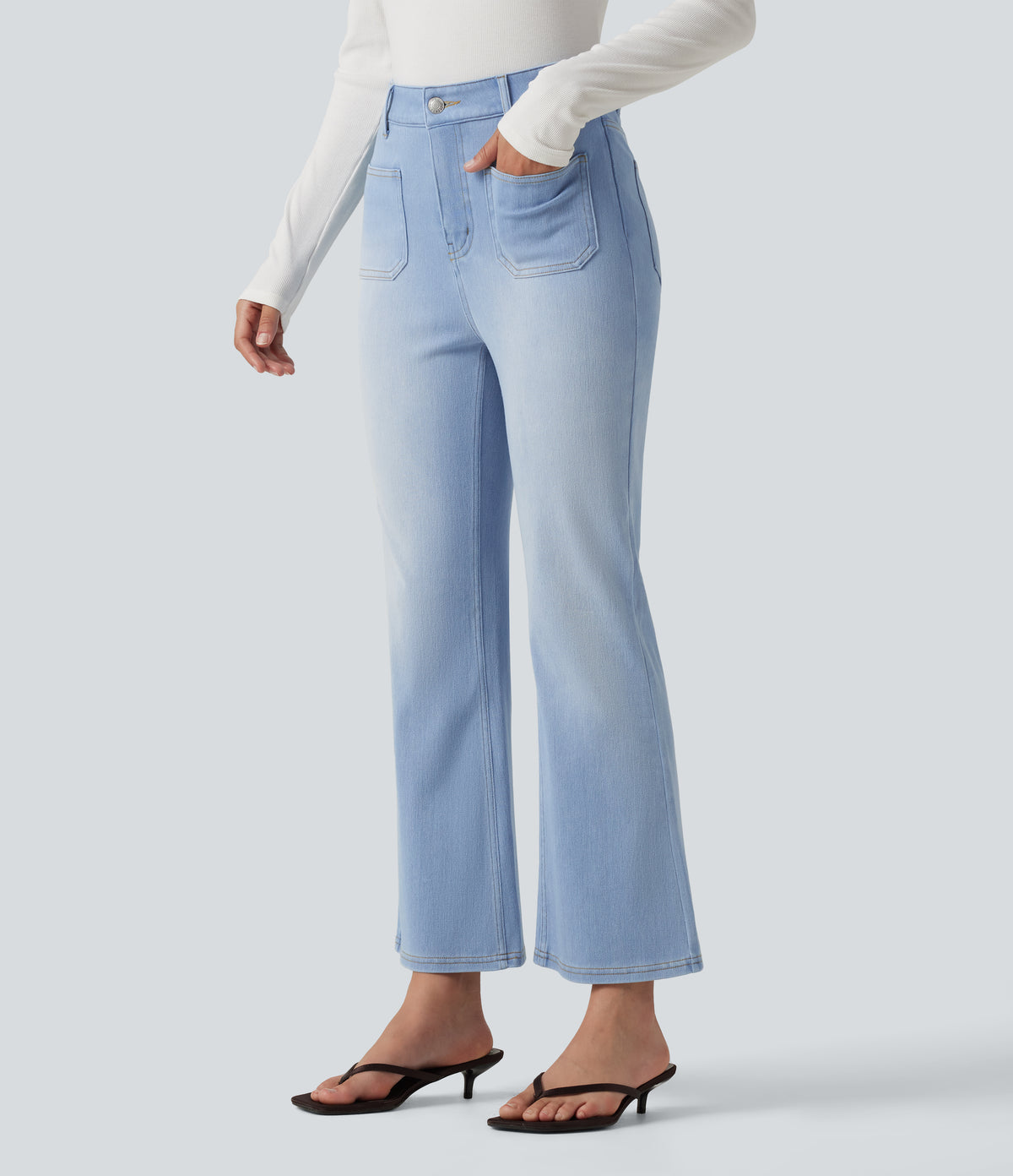 Mid Rise Bootcut Casual Jeans with Pockets — Powder Blue Denim — view 3