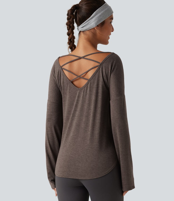 Boat Neck Dropped Shoulder Long Sleeve Yoga Sports Top — Crocodile — view 1