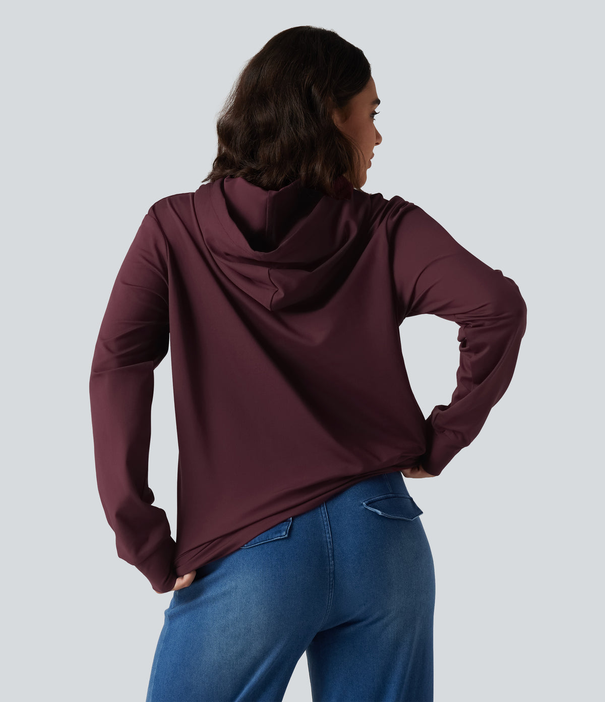 Hooded Long Sleeve Lounging Sweatshirt with Pocket — Windsor Wine — view 2