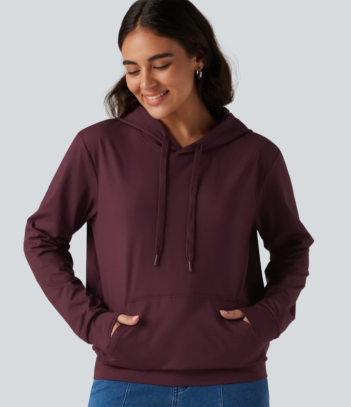 Hooded Long Sleeve Lounging Sweatshirt with Pocket — Windsor Wine — view 1