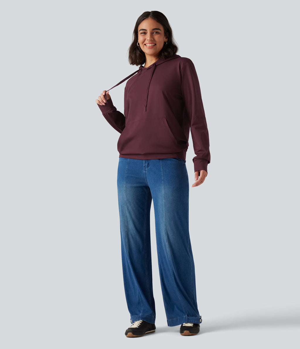 Hooded Long Sleeve Lounging Sweatshirt with Pocket — Windsor Wine — view 6