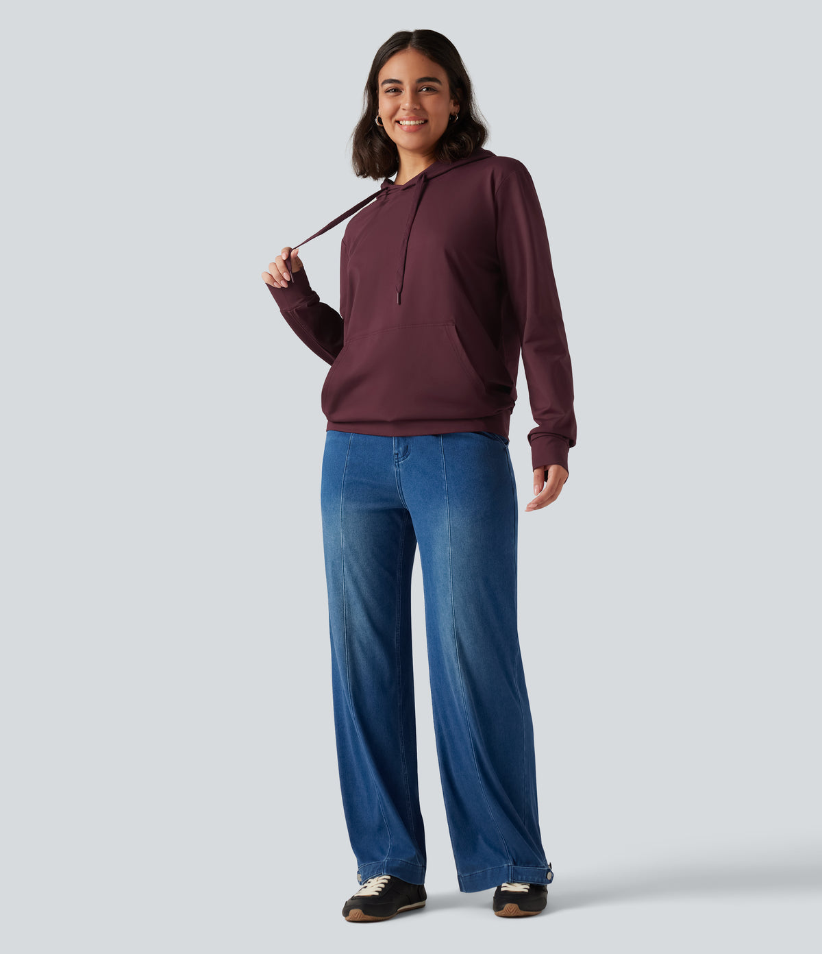 Hooded Long Sleeve Lounging Sweatshirt with Pocket — Windsor Wine — view 6