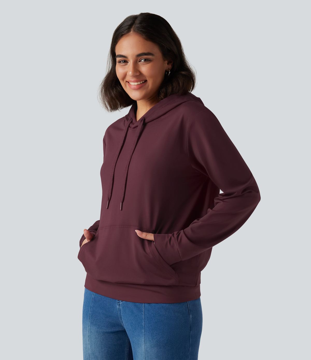 Hooded Long Sleeve Lounging Sweatshirt with Pocket — Windsor Wine — view 3