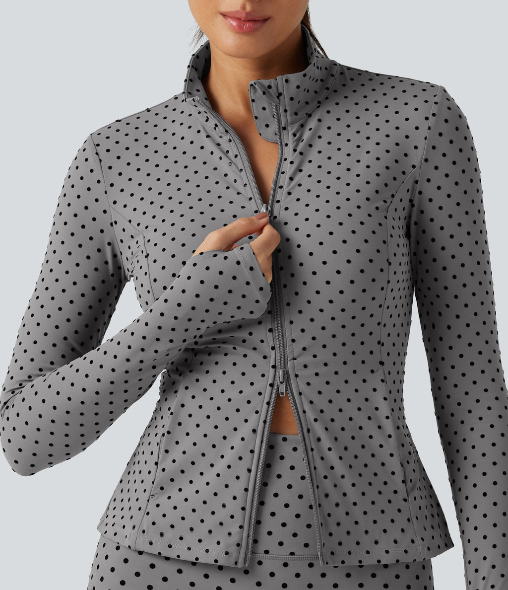 Stand Collar Long Sleeve Thumb Hole Pleated Polka Dot Yoga Jacket with Pockets — Foggy Grey Dot — view 6
