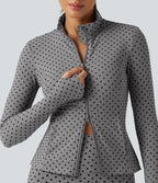 Stand Collar Long Sleeve Thumb Hole Pleated Polka Dot Yoga Jacket with Pockets — Foggy Grey Dot — view 6