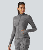 Stand Collar Long Sleeve Thumb Hole Pleated Polka Dot Yoga Jacket with Pockets — Foggy Grey Dot — view 3