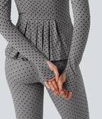 Stand Collar Long Sleeve Thumb Hole Pleated Polka Dot Yoga Jacket with Pockets — Foggy Grey Dot — view 7