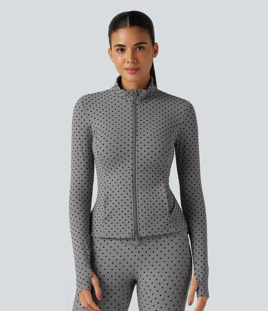 Stand Collar Long Sleeve Thumb Hole Pleated Polka Dot Yoga Jacket with Pockets — Foggy Grey Dot — view 4