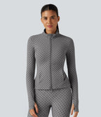 Stand Collar Long Sleeve Thumb Hole Pleated Polka Dot Yoga Jacket with Pockets — Foggy Grey Dot — view 4