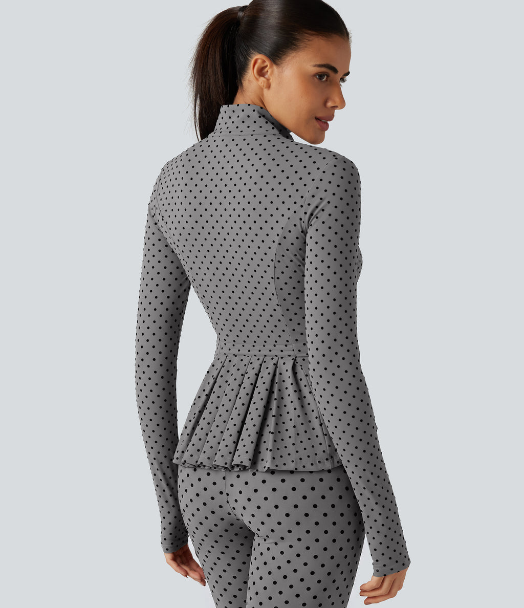 Stand Collar Long Sleeve Thumb Hole Pleated Polka Dot Yoga Jacket with Pockets — Foggy Grey Dot — view 5