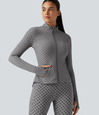Stand Collar Long Sleeve Thumb Hole Pleated Polka Dot Yoga Jacket with Pockets — Foggy Grey Dot — view 1