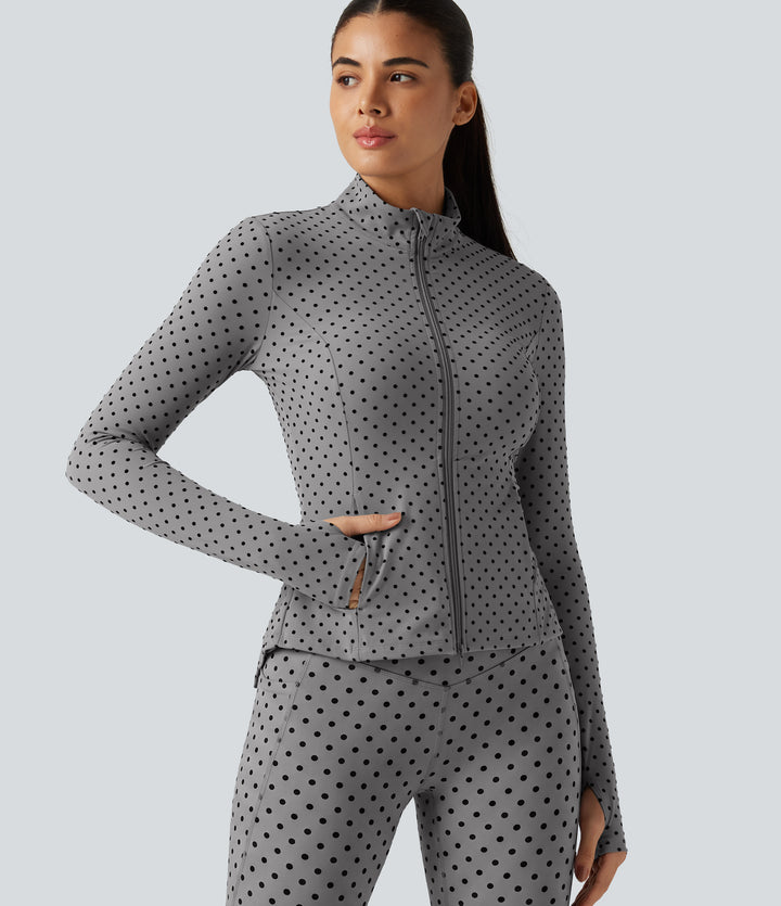 Stand Collar Long Sleeve Thumb Hole Pleated Polka Dot Yoga Jacket with Pockets — Foggy Grey Dot — view 1