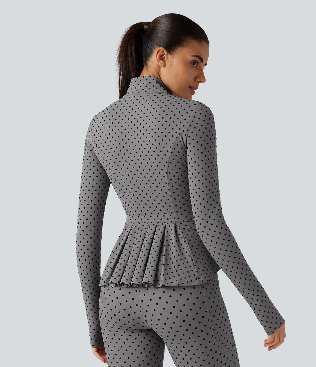 Stand Collar Long Sleeve Thumb Hole Pleated Polka Dot Yoga Jacket with Pockets — Foggy Grey Dot — view 2