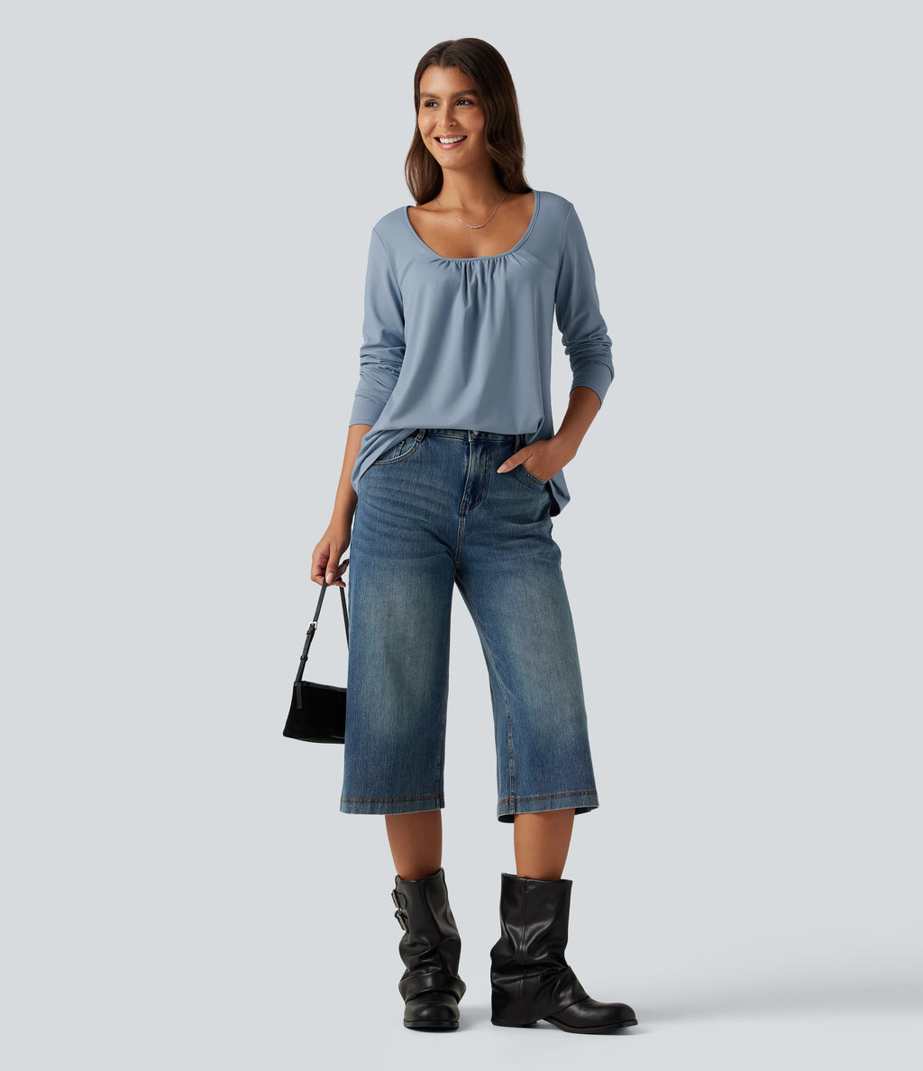 Scoop Neck Long Sleeve Ruched Casual T-Shirt — Mountain Spring — view 6