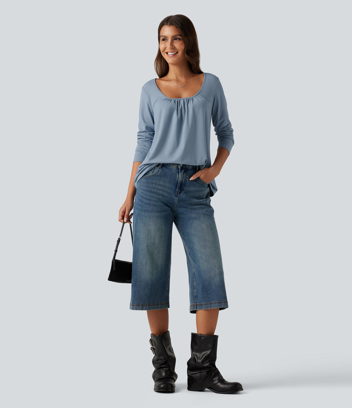 Scoop Neck Long Sleeve Ruched Casual T-Shirt — Mountain Spring — view 6
