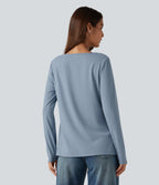 Scoop Neck Long Sleeve Ruched Casual T-Shirt — Mountain Spring — view 2