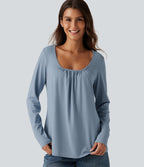 Scoop Neck Long Sleeve Ruched Casual T-Shirt — Mountain Spring — view 1