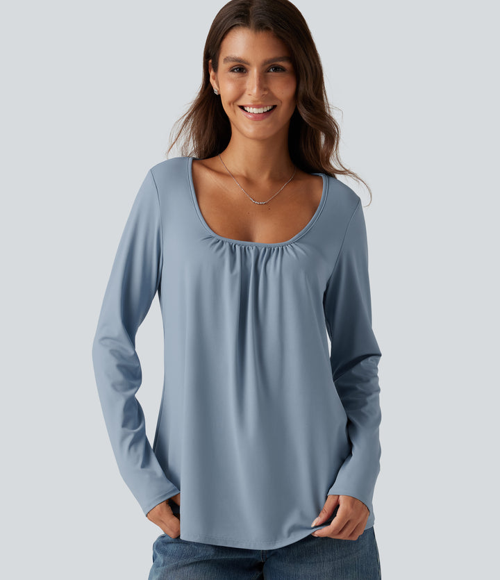 Scoop Neck Long Sleeve Ruched Casual T-Shirt — Mountain Spring — view 1