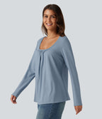 Scoop Neck Long Sleeve Ruched Casual T-Shirt — Mountain Spring — view 3