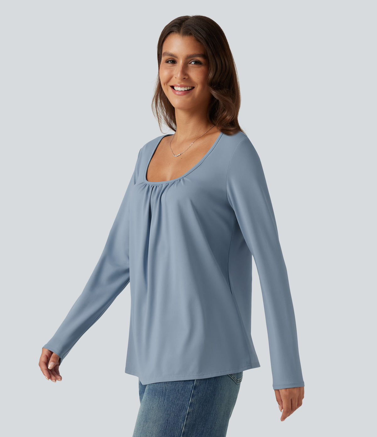 Scoop Neck Long Sleeve Ruched Casual T-Shirt — Mountain Spring — view 3