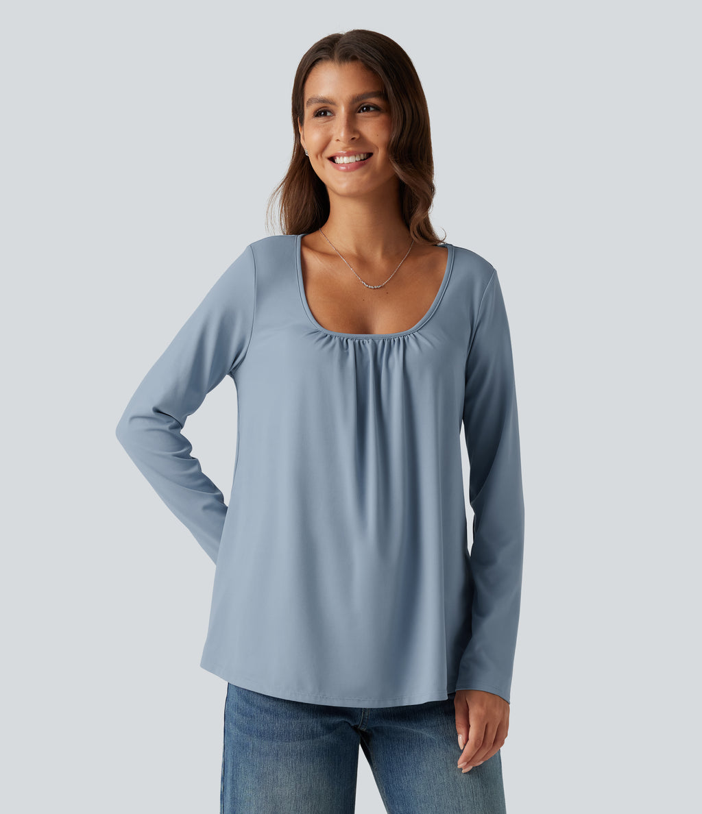Scoop Neck Long Sleeve Ruched Casual T-Shirt — Mountain Spring — view 4