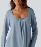 Scoop Neck Long Sleeve Ruched Casual T-Shirt — Mountain Spring — view 5