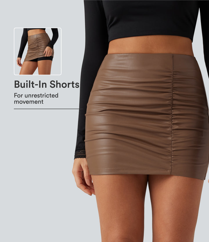 High Waisted Ruched Asymmetric Bodycon 2-in-1 Fleece Mini Casual PU Leather Skirt — Rustic Brown — view 1