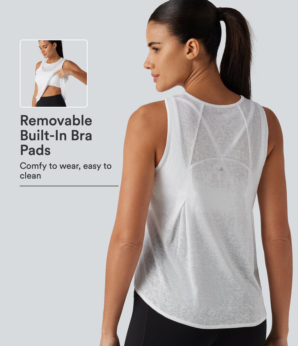 Round Neck Curved Hem Built-in Bra Workout Tank Top — White — view 1