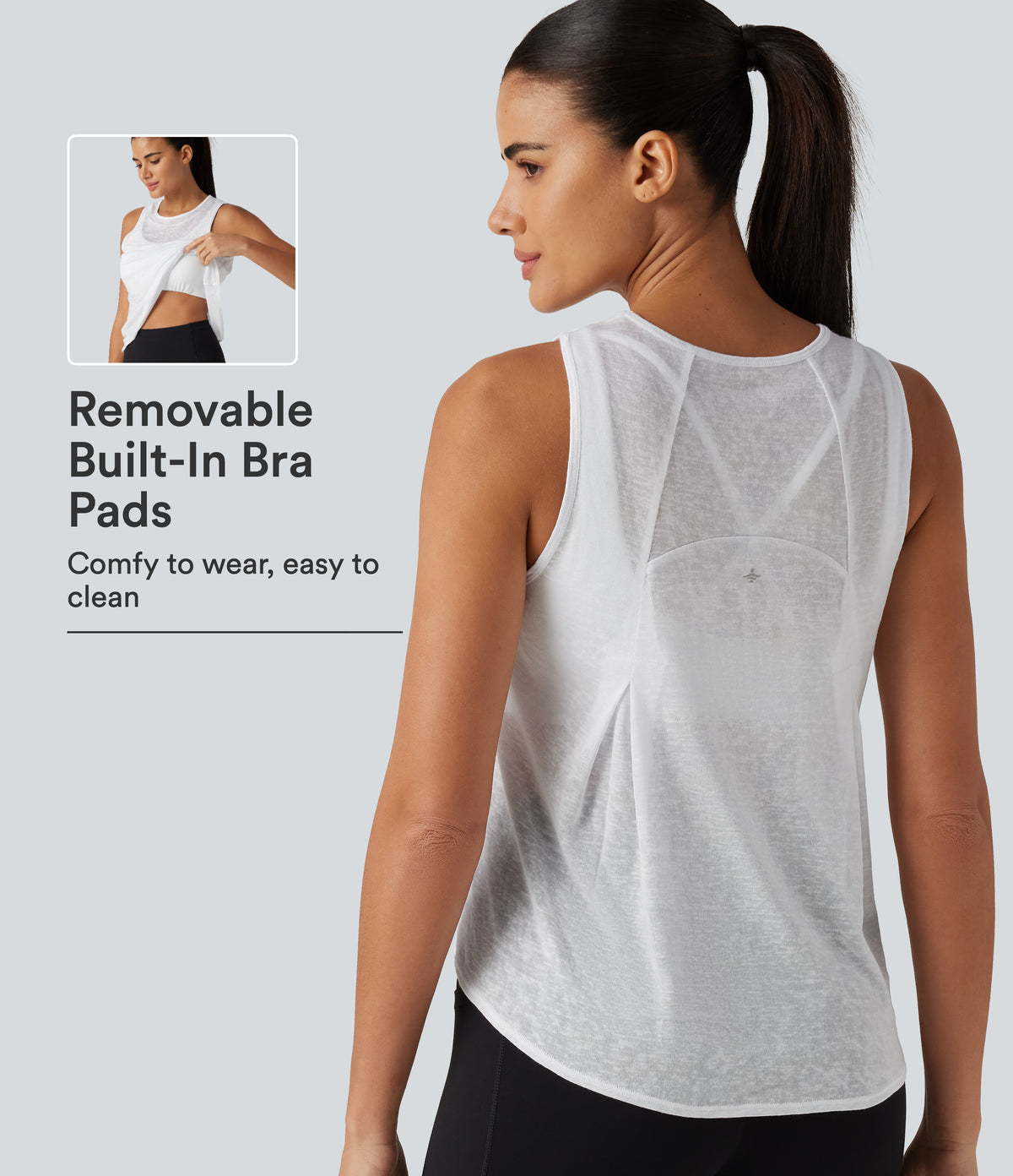 Round Neck Curved Hem Built-in Bra Workout Tank Top — White — view 1