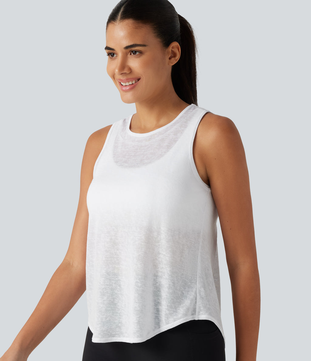 Round Neck Curved Hem Built-in Bra Workout Tank Top — White — view 6