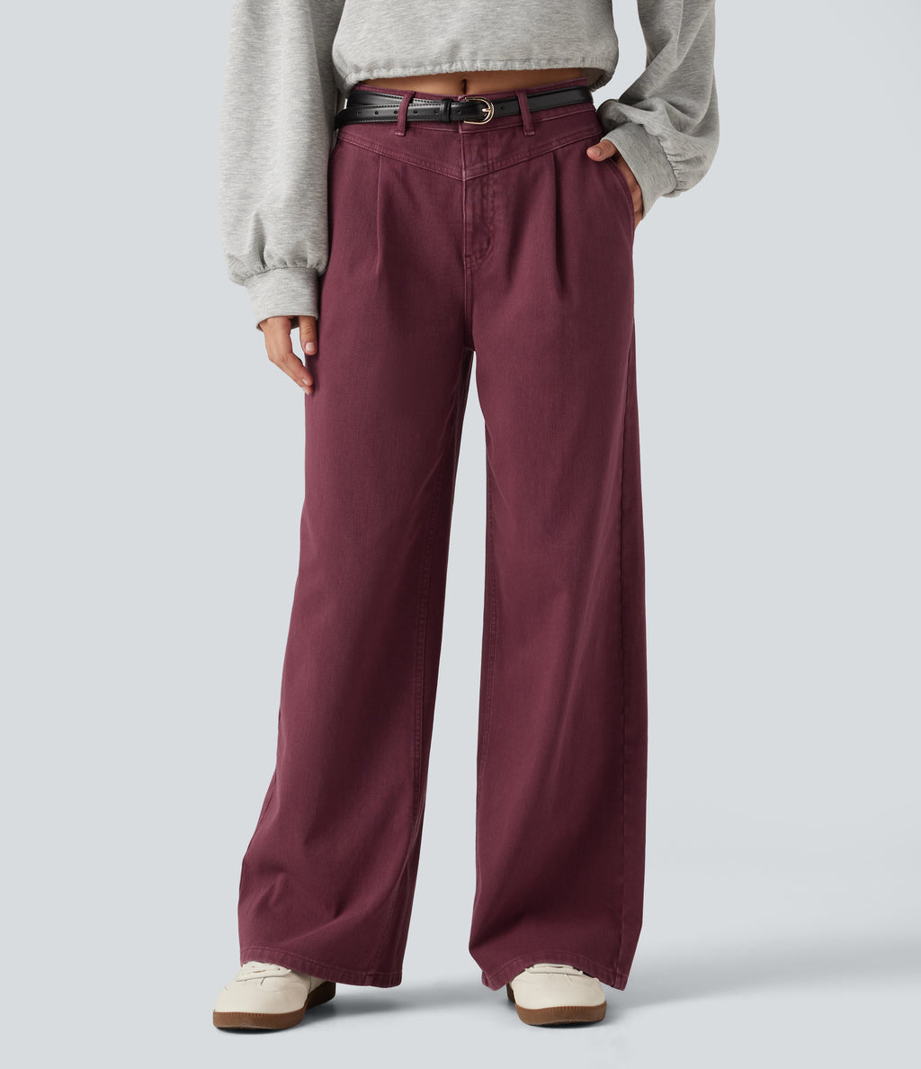 Mid Rise Wide Leg Colorful Casual Jeans with Pockets — Terracotta Wine — view 4