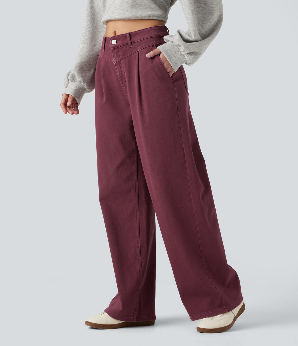 Mid Rise Wide Leg Colorful Casual Jeans with Pockets — Terracotta Wine — view 3