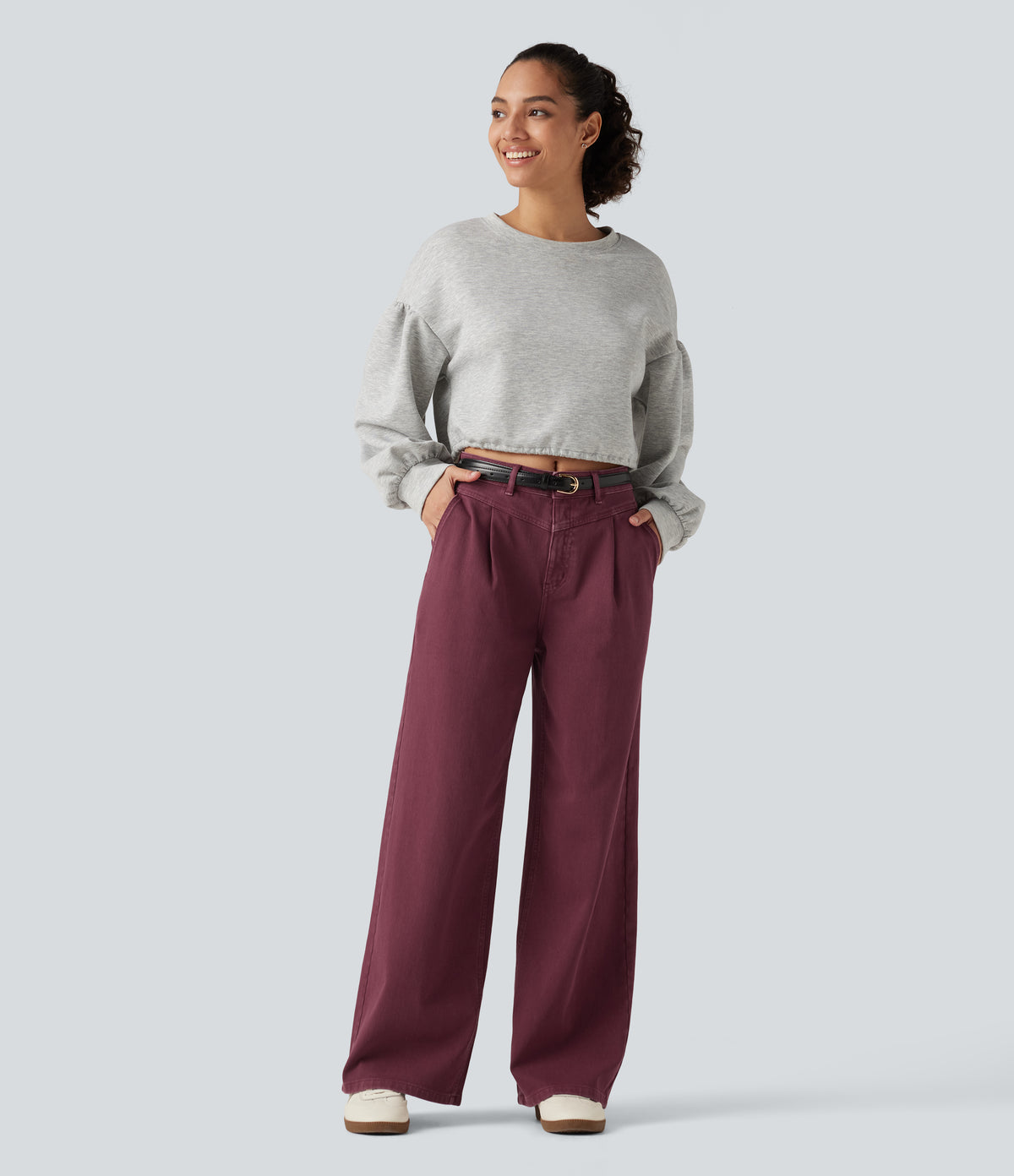 Mid Rise Wide Leg Colorful Casual Jeans with Pockets — Terracotta Wine — view 8