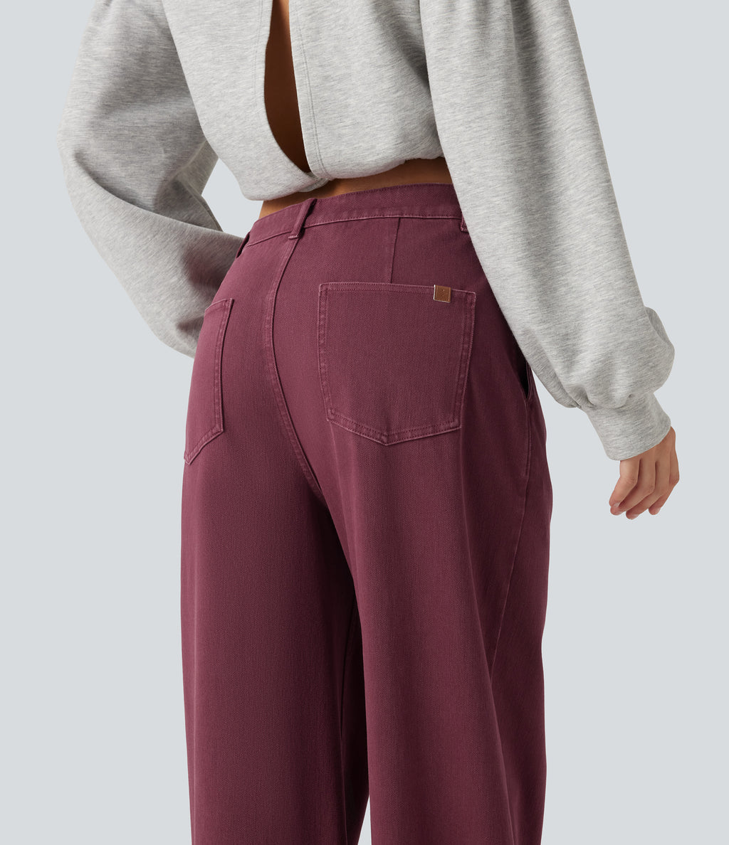 Mid Rise Wide Leg Colorful Casual Jeans with Pockets — Terracotta Wine — view 6