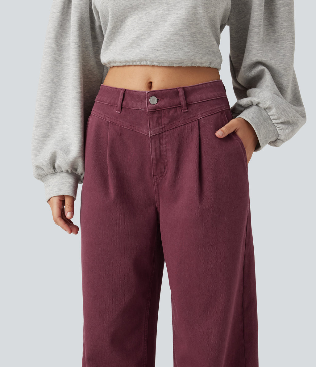 Mid Rise Wide Leg Colorful Casual Jeans with Pockets — Terracotta Wine — view 5