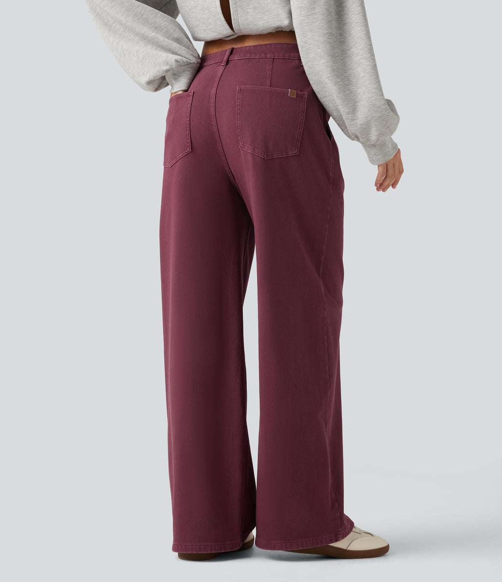 Mid Rise Wide Leg Colorful Casual Jeans with Pockets — Terracotta Wine — view 2