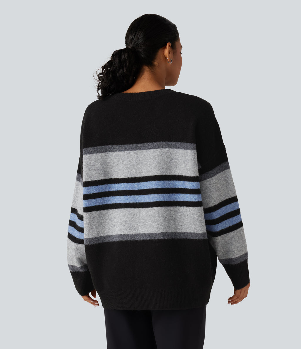 Round Neck Long Sleeve Oversize Striped Casual Jumper — Alpine Stripe — view 2