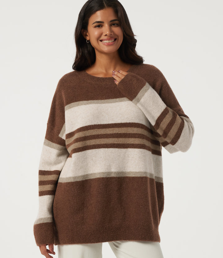 Round Neck Long Sleeve Oversize Striped Casual Jumper — Chestnut Cream Stripe — view 8