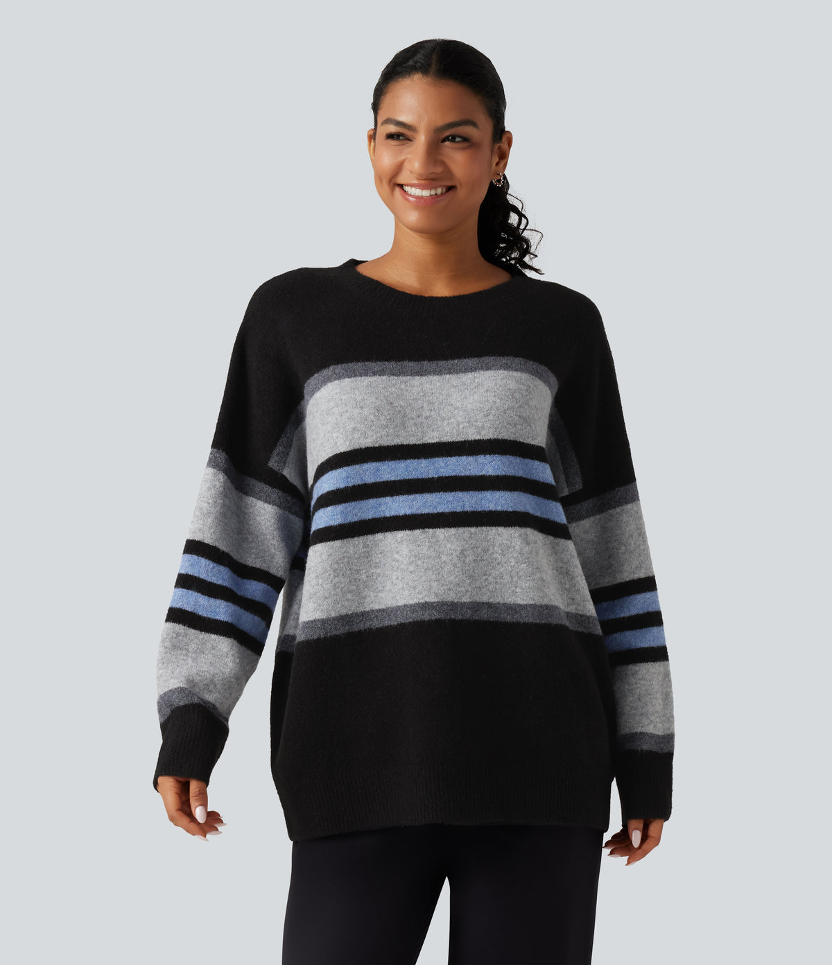 Round Neck Long Sleeve Oversize Striped Casual Jumper — Alpine Stripe — view 4