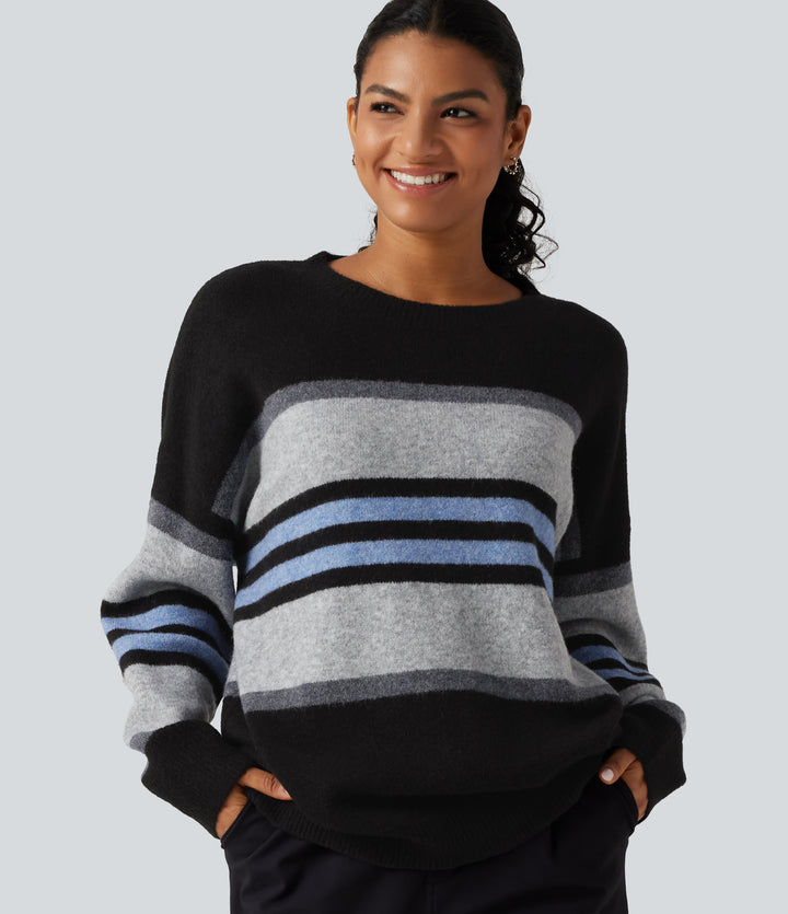 Round Neck Long Sleeve Oversize Striped Casual Jumper — Alpine Stripe — view 1